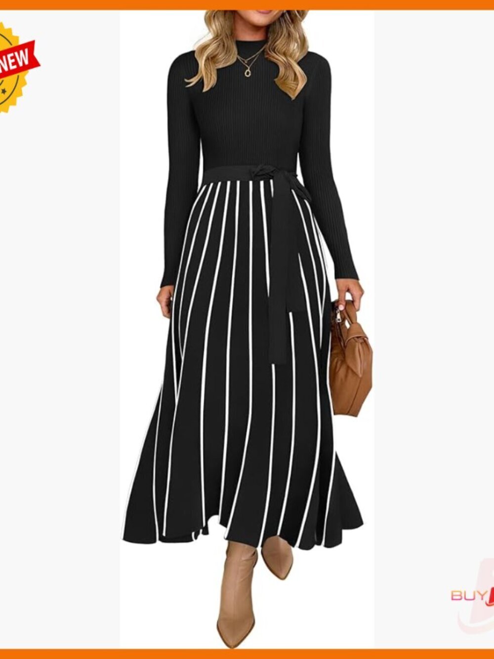 Turtleneck Long Sleeve Sweater Dress Tie Waist Loose Ribbed Knit Midi